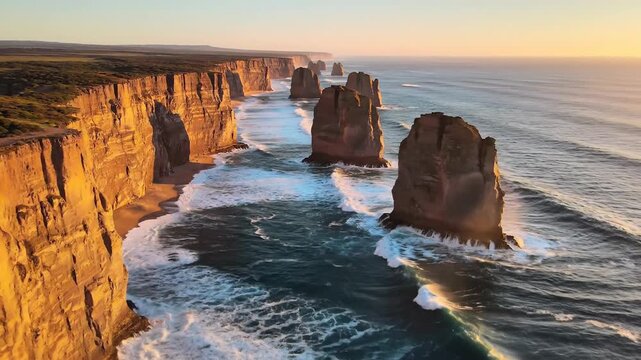 Dramatic ocean cliffs and rock stacks at sunset with crashing waves and golden light