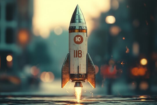 rocket on a stand, adorned with an IPO symbol, representing the concept of an initial public offering, set against a clean backdrop, Generative AI