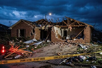 Fototapeta premium Destroyed Brick House Showing Severe Structural Damage After Tornado or Storm in Residential Neighborhood for Insurance Claim News with Debris and Night Sky