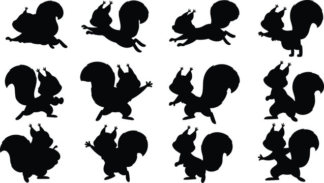 Cartoon squirrel silhouette collection. Funny woodland squirrel character vector set. Playful squirrels jumping, dancing and running in different poses.