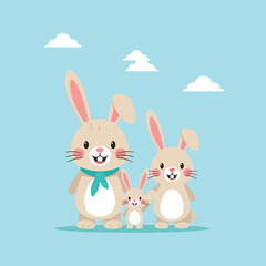 Fototapeta premium Three cartoon bunnies smiling against a blue sky with clouds