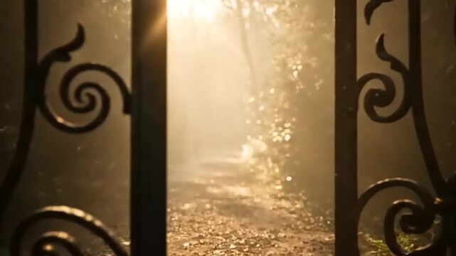 Ornate Metal Gate Opening to Forest Path.