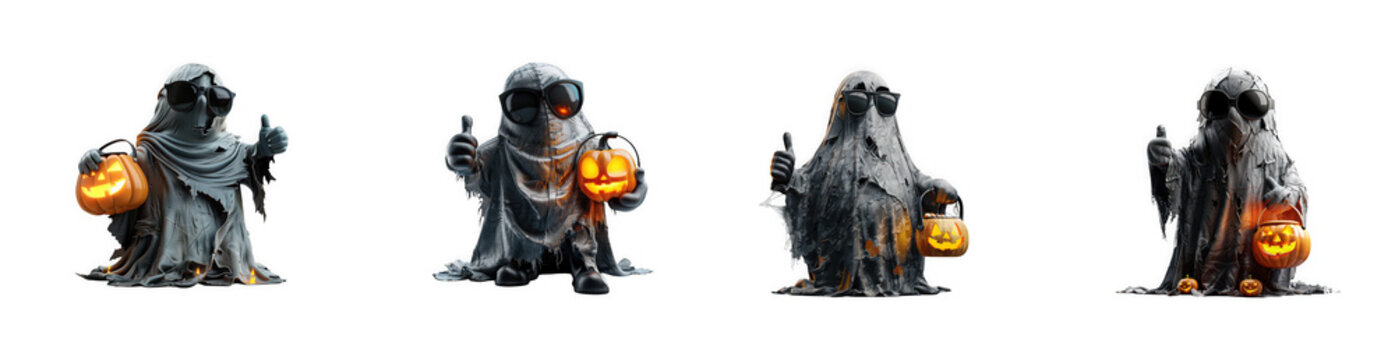 Cute spooky ghost characters with pumpkin buckets and thumbs up, halloween isolated on transparent background