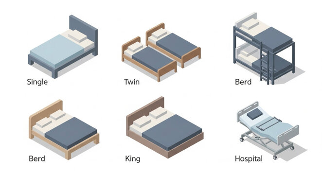 Various types of beds shown in isometric view.