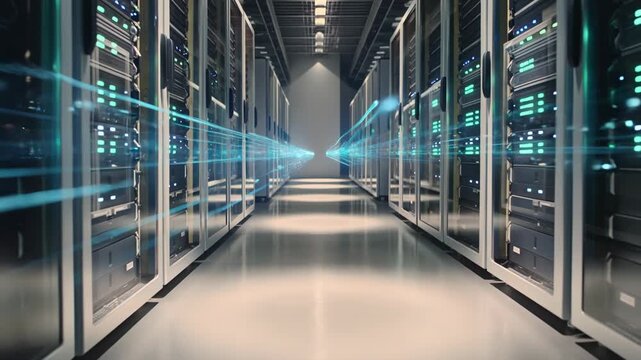 interior view of a data center featuring rows of illuminated servers with digital data transfer effects. This content can be used for technology or data management themes