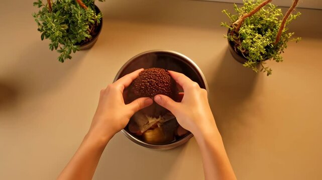 Hands placing banana peels and eggshells into bin for zero waste composting food scraps kitchen closeup top view of sustainable eco living.