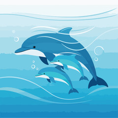 Obraz premium Three stylized aquatic animals swimming in shades of ocean blue
