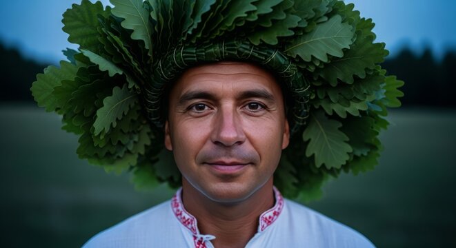 Jāņi Festival, portrait of a man wearing a thick crown made of deep green oak leaves, dressed in a white linen folk shirt
