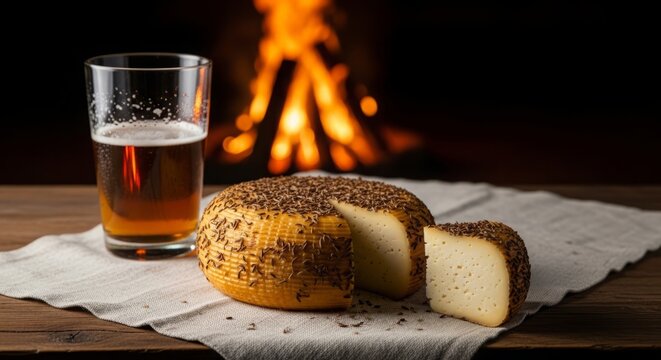 Jāņi Festival, Still life of traditional round Jāņu cheese with caraway seeds on a rustic wooden linen-covered table