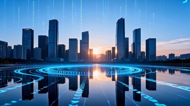 Futuristic cityscape with digital elements