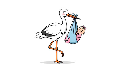 Fototapeta premium A stork carries a sleeping baby in a sling through clear blue sky