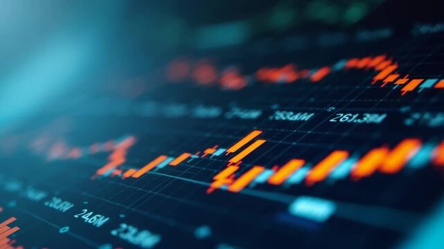 Close-up view of a digital financial chart showing fluctuating stock market data, candlestick patterns, and analytics on a dark background. Suitable for finance, trading, and investment concepts.