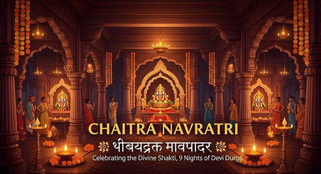 Chaitra Navratri Devotional Festival Artwork With Diyas