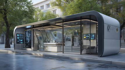 Modern futuristic bus stop exterior with sleek glass structure and minimal design, clean urban setting, innovative architecture, bright daylight atmosphere.