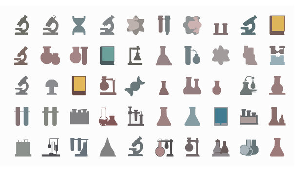 Colorful flat science and laboratory icon set with microscope test tubes atom and book symbols