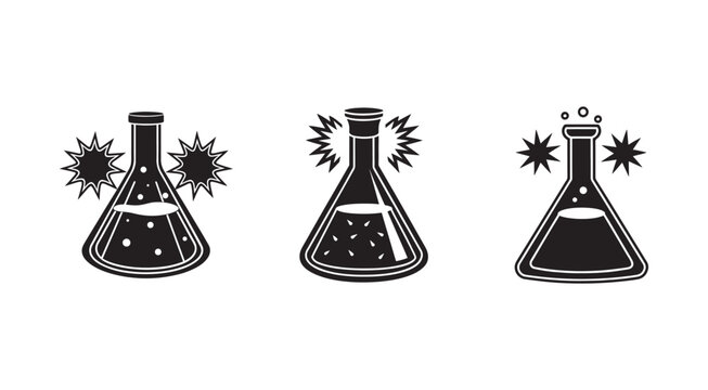 Black and white illustration of three conical flasks with liquids and explosive reactions  chemistry lab equipment  science experiment  laboratory glassware