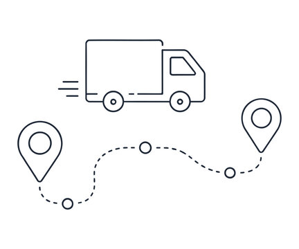 Delivery truck driving between two location pins on a dotted route line