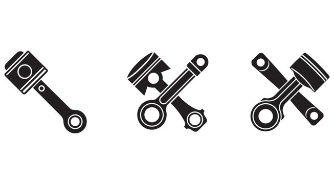 Black and white illustrations of engine pistons and connecting rods in different positions and orientations  simple line style  no shading