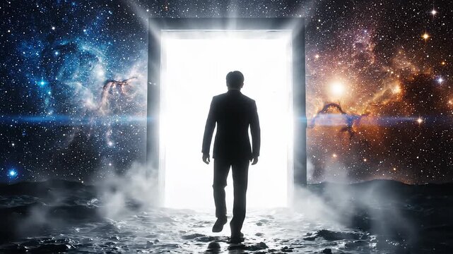 Man walking towards glowing portal in space