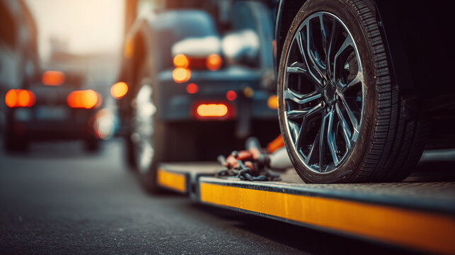 Close-up of a car wheel being loaded onto a flatbed tow truck, showcasing roadside assistance, vehicle transport, and emergency recovery service.