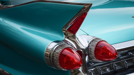 Close-up of a vintage turquoise car tail fin with polished chrome, highlighting retro design, smooth curves, and iconic 1950s automotive style.