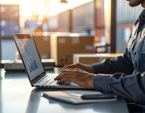 A person in a warehouse or office setting working on a laptop with data analysis charts.