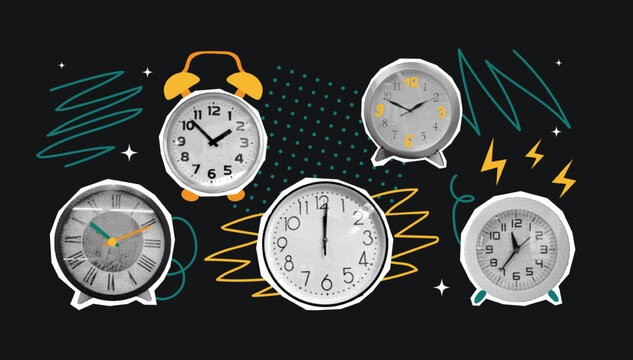 Halftone collage cut out alarm clocks set. Time management, business school stickers with vintage dotted texture and doodles. Retro grunge effect. Abstract trendy creative concept. Vector illustration