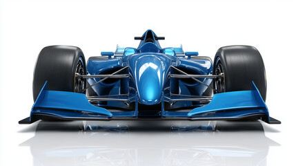 Sleek blue formula race car isolated on glossy white background, modern aerodynamic design, high performance motorsport concept with clean studio lighting.