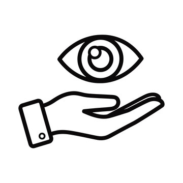 Black line drawing of eye above open hand with cuff  no background icon