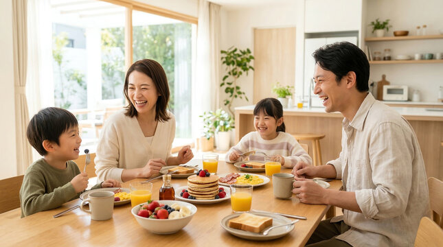 笑顔で朝食を食べる幸せな日本人家族、ライフスタイル、団らん　Generative AI