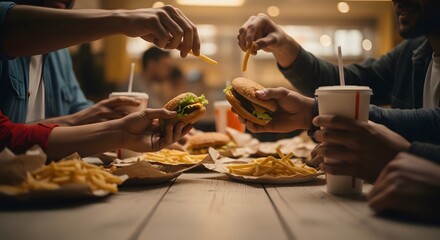 Group of diverse friends enjoying a casual fast food meal together, sharing burgers, crispy fries, and refreshing drinks at a bustling restaurant table, captured in a candid moment © bambang