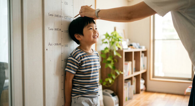 家で身長を測る笑顔の男の子と親、健やかな子供の成長と家族の絆 Generative AI