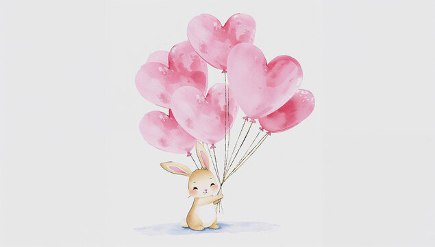 Sweet watercolor baby bunny holding pink heart shaped balloons