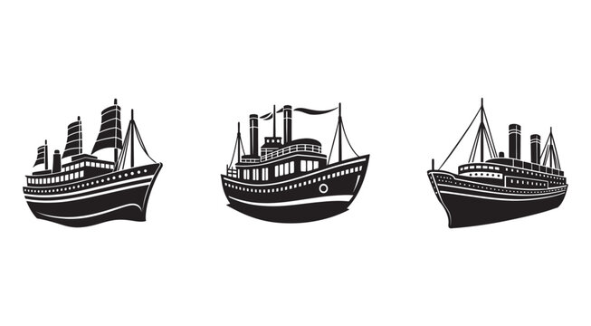 Blackandwhitesilhouetteofthreesteamboatswithmastsandchimneysonwhitebackground