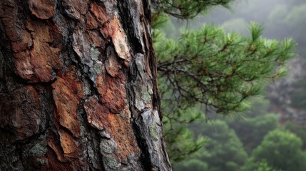 Fototapeta premium Detailed close-up of the textured, rough bark of an old fir tree with green foliage in the background