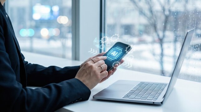 Businessman using AI automation app on smartphone near laptop by winter window.