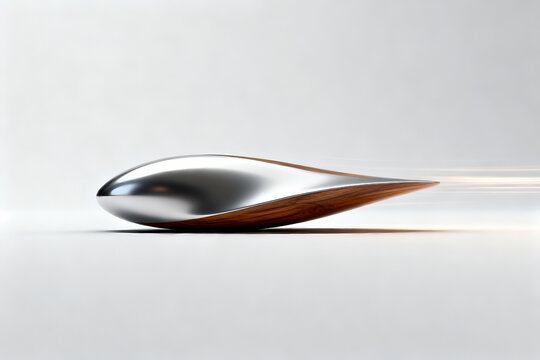 Sleek Aerodynamic Abstract Sculpture with Polished Chrome and Wood Grain Surface