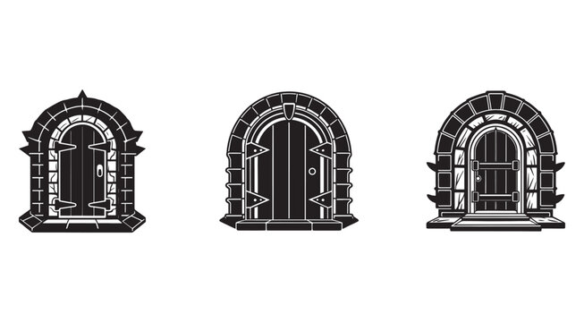 Medieval wooden doors with stone archways and metal hinges and spikes  old fortress entrances