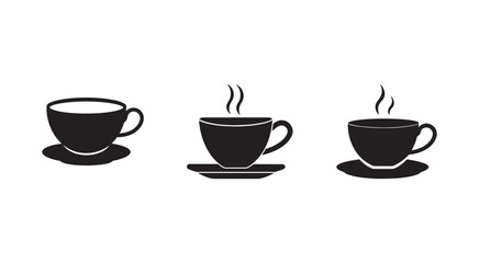 Obraz premium Set of black coffee cups with saucers and steam rising from two of them on white background coffee cups icons