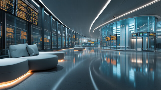 Modern futuristic bus terminal with sleek architecture, clean lines, and smart transportation design, showcasing advanced urban mobility and innovative city infrastructure.