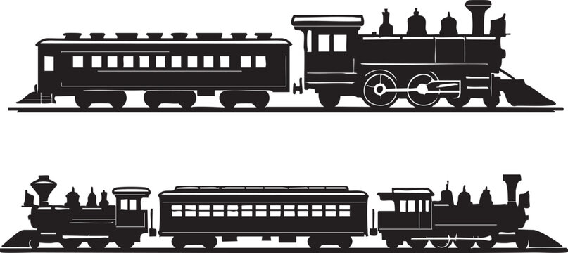 Vintage train silhouette vector: steam engine, passenger car graphic eps