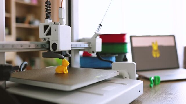 A 3D printer meticulously builds a small yellow figurine layer by layer on its heated print bed