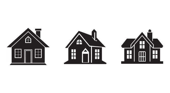 Set of simple house silhouettes in different styles and shapes with white outlines on plain white background