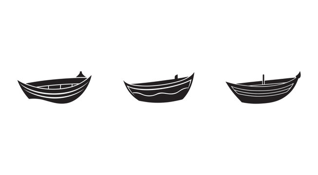 Set of three different black boat designs  isolated on white background  simple vector graphics