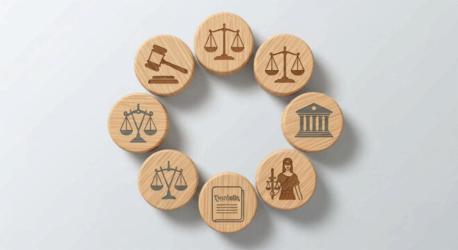 Wooden law symbols arranged in circle on white background representing justice and legal concepts