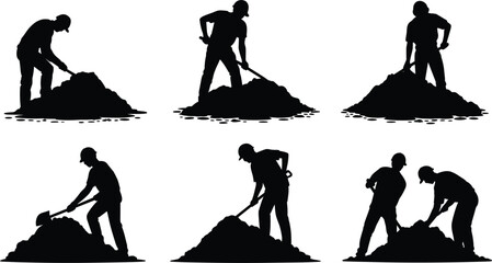 Construction workers digging silhouettes vector set, manual labor men with shovel excavation isolated illustration © MstSabina