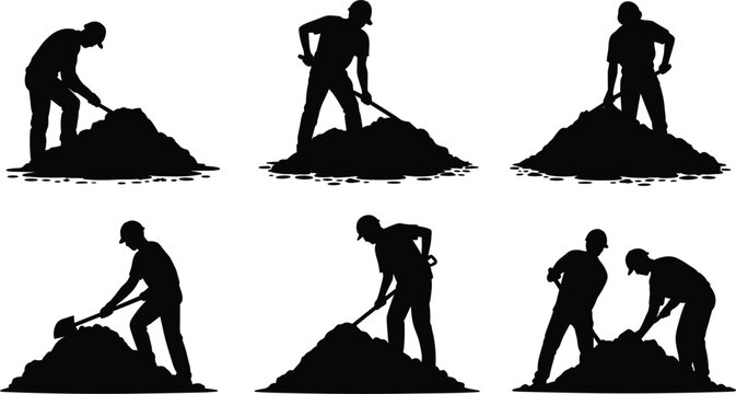 Construction workers digging silhouettes vector set, manual labor men with shovel excavation isolated illustration