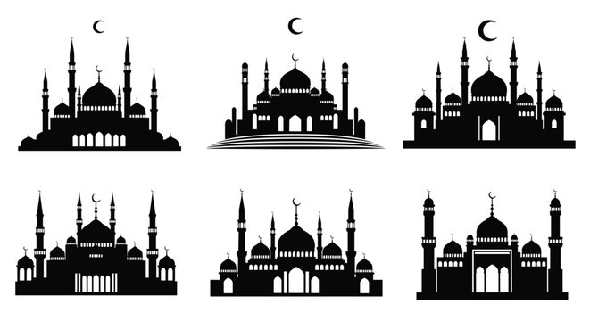 Elegant set of six black mosque silhouettes featuring different architectural styles, domes, and minarets topped with crescent moons.