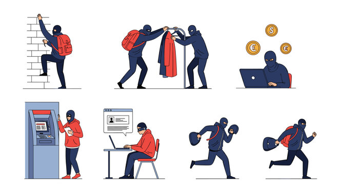 Set of criminal activity illustrations including a burglar climbing a wall, shoplifting, cybercrime, and stealing from an ATM.