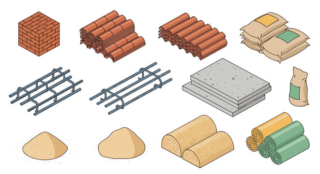 Collection of various construction materials in isometric view including bricks, roof tiles, steel bars, sand, and insulation rolls.